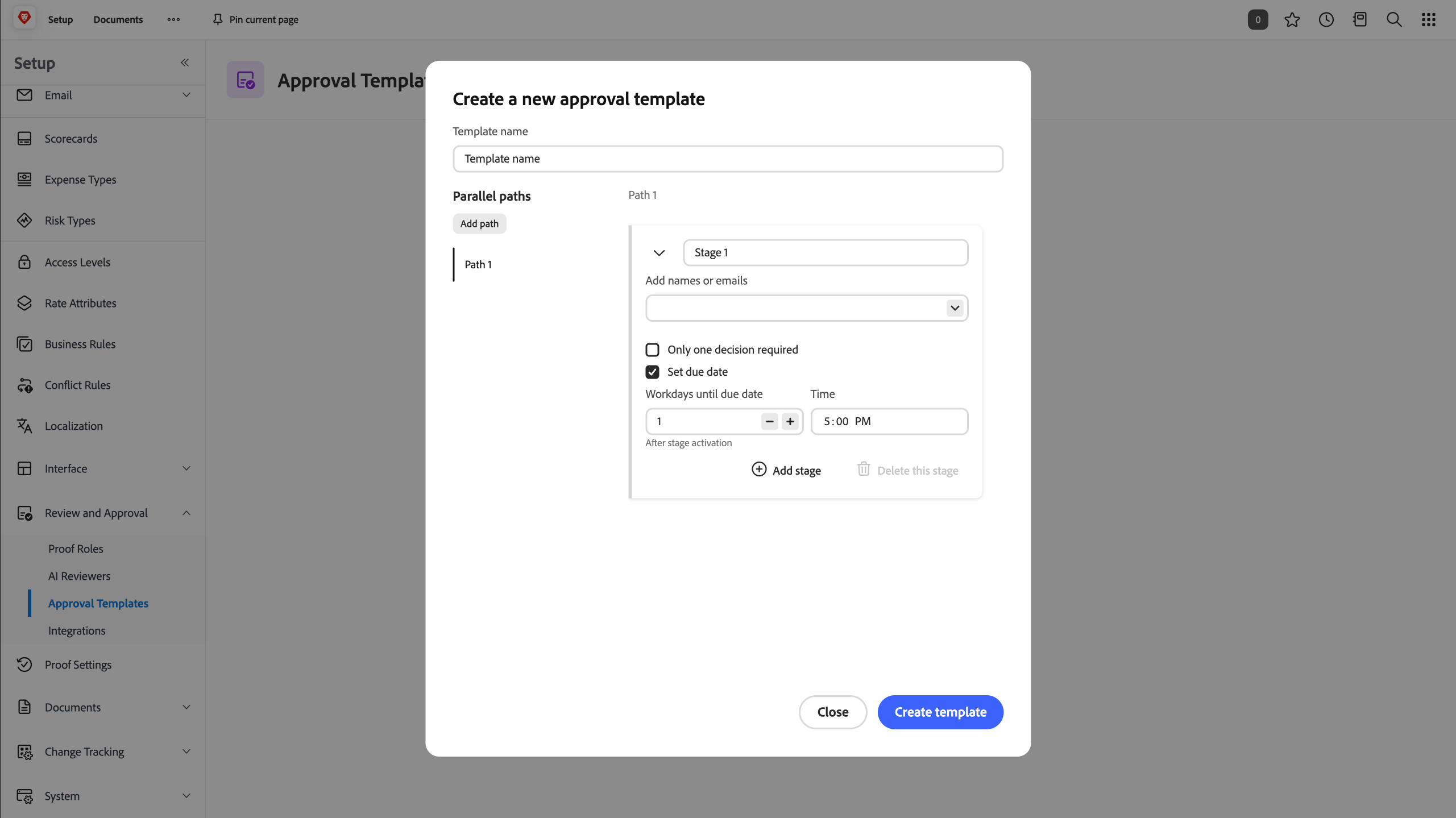Creating a new approval template: naming it, choosing who it applies to, and setting the stages