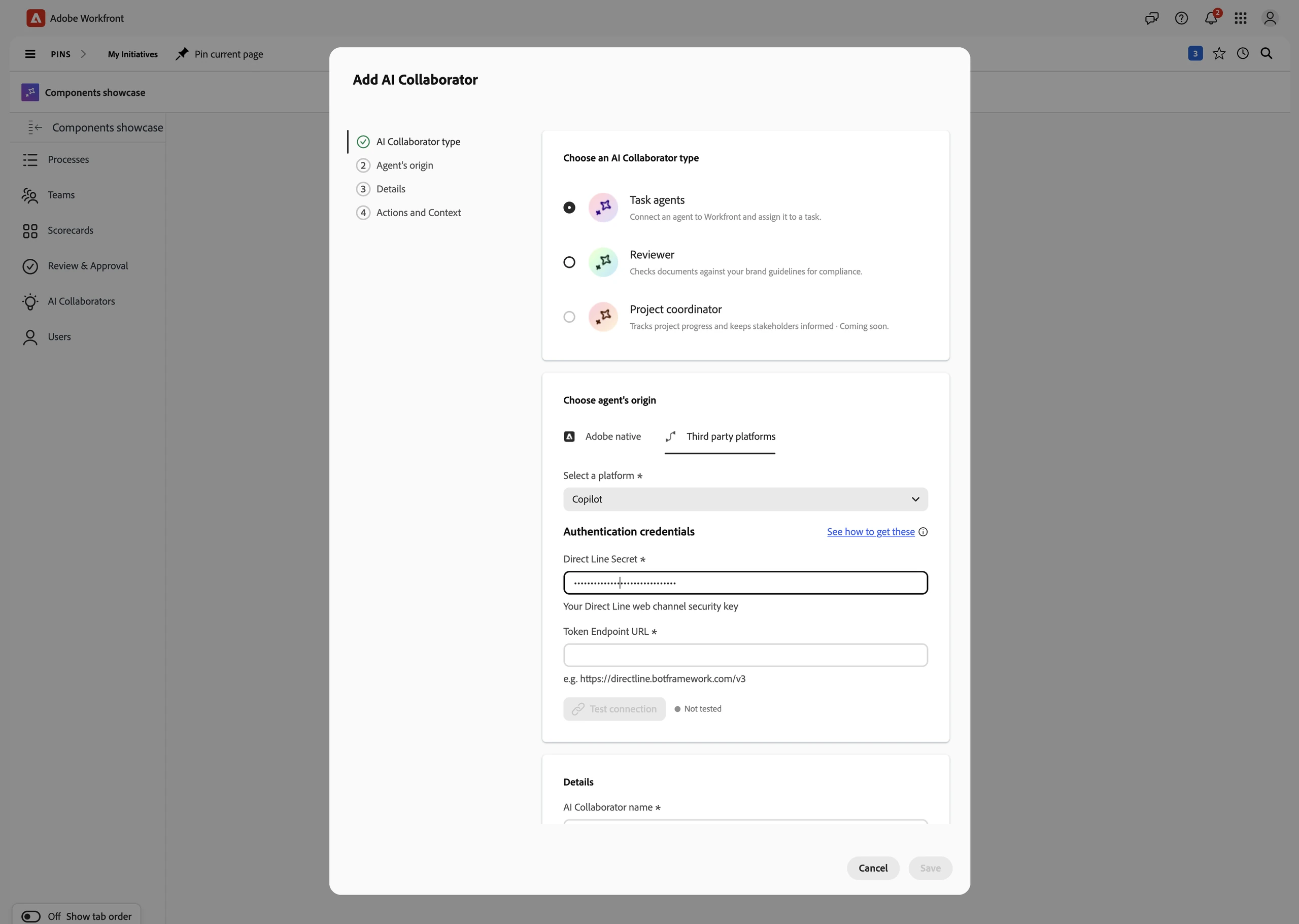 The Add AI Collaborator dialog: choose a collaborator type, then choose the agent's origin, Adobe native or a third-party platform