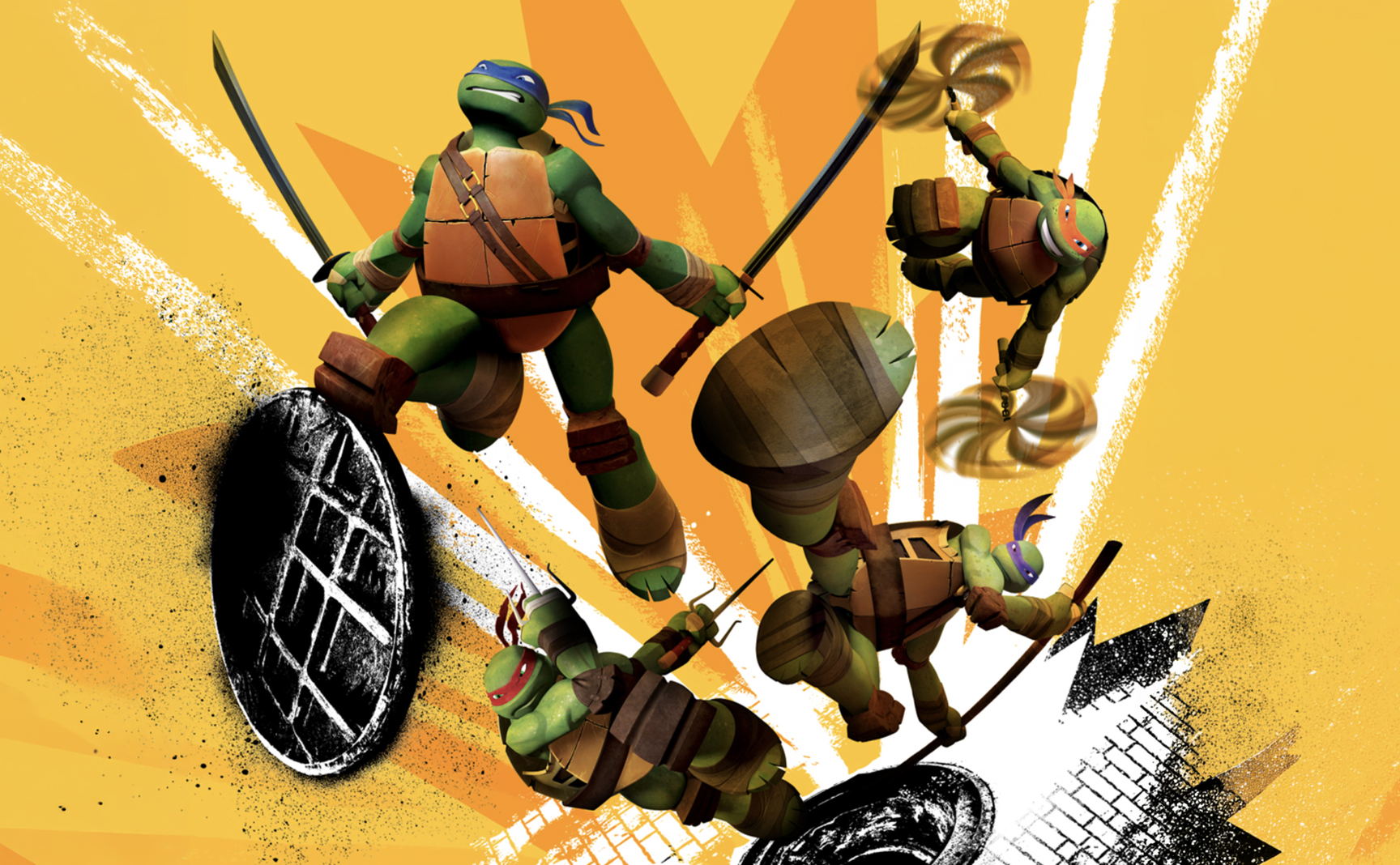 Nickelodeon's TMNT — all four turtles mid-action over the yellow burst and manhole graphic system